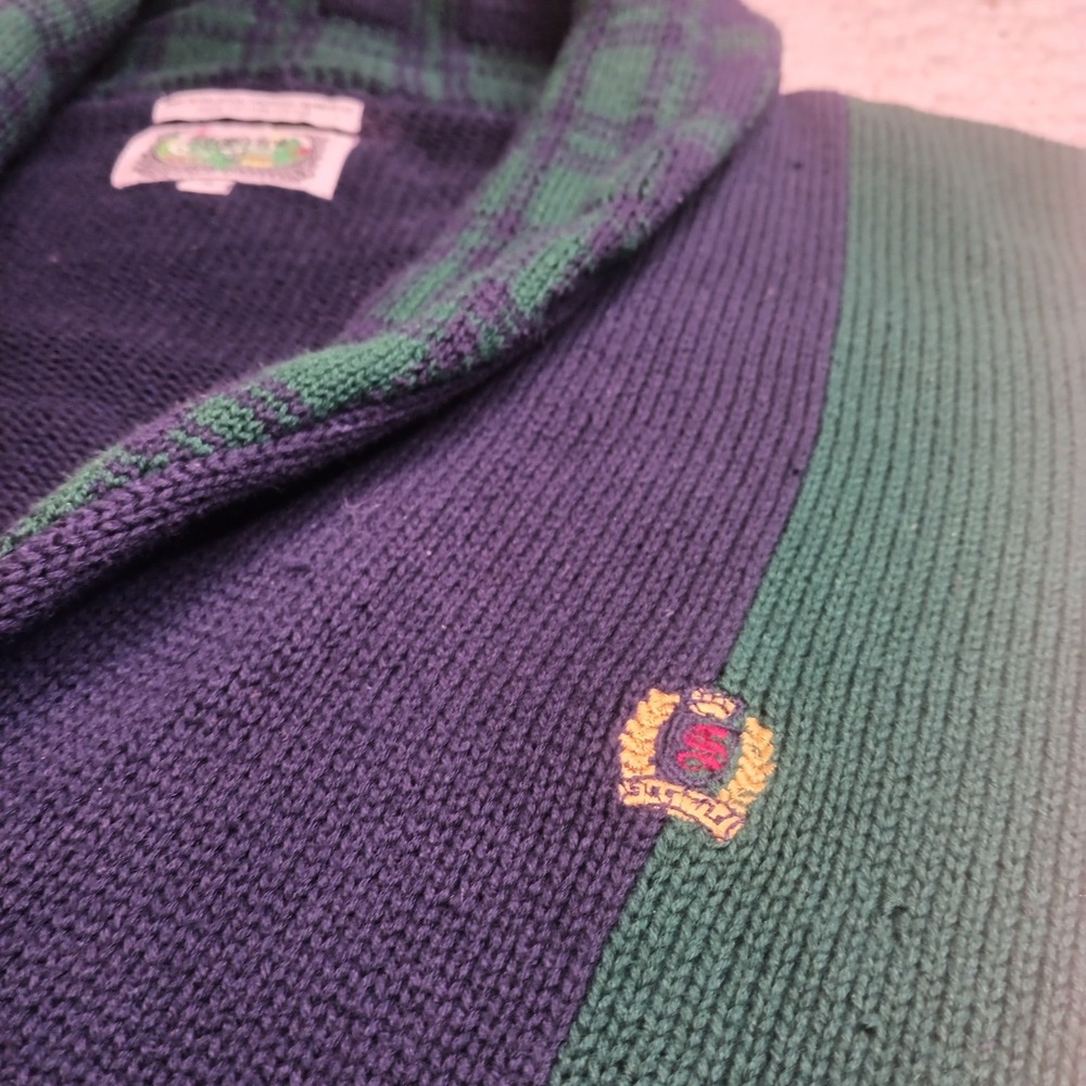 SIEGFRIED Vtg XL Color Block Striped Knit Button Shawl Varsity Crest Sweater - Picture 4 of 12